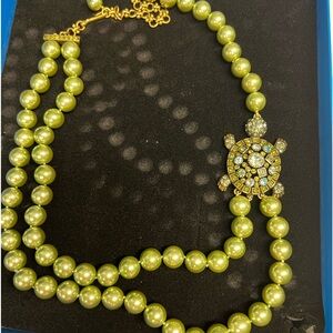 Heidi Daus Turquoise Turtle Faux Green Pearls & Crystals Necklace Multi Strands